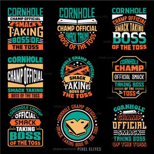 以下が含まれることがあります： コーンホールゲームのグラフィックデザインが9種類あります。デザインは、緑、オレンジ、黒、白など、さまざまな色を使用しています。デザインのテキストには、「コーンホールチャンプオフィシャル」、「スマックテイキングボスオブザトス」、「コーンホールチャンプ」が含まれています。