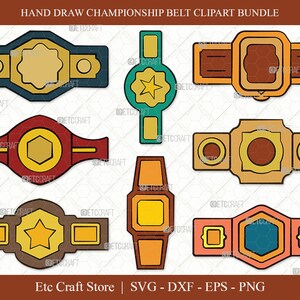 May include: A set of ten hand-drawn championship belt clip art designs. The belts are in various colors, including blue, red, brown, green, yellow, and orange. Each belt has a different design in the center, including a star, a hexagon, and a circle.