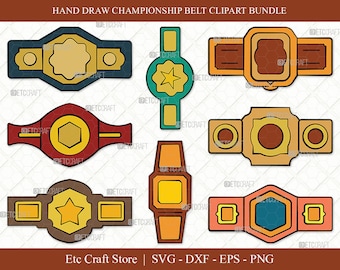 May include: A set of ten hand-drawn championship belt clip art designs. The belts are in various colors, including blue, red, brown, green, yellow, and orange. Each belt has a different design in the center, including a star, a hexagon, and a circle.