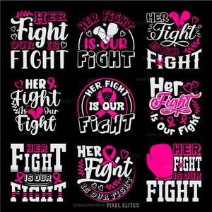 Puede incluir: Una colección de nueve diseños gráficos sobre un fondo negro. Cada diseño presenta el texto "Her Fight Is Our Fight" en blanco y rosa, con elementos como guantes de boxeo, cintas rosas y corazones. Los diseños son para la concienciación sobre el cáncer de mama.