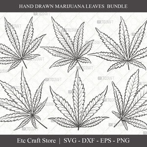 May include: A set of five hand-drawn marijuana leaves in black and white. The leaves are drawn in a simple, stylized manner and are perfect for use in crafting projects.