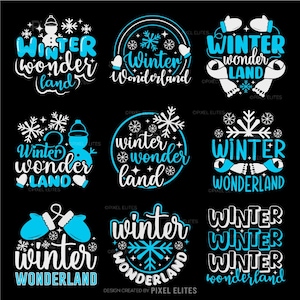 May include: Nine winter-themed designs on a black background. Each design features the words "Winter Wonderland" or "Winter Wonderland" in white and blue, with snowflakes, mittens, and a snowman graphic.