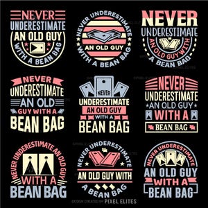 豆袋を持った老人を侮るなかれ SVG バンドル | コーンホール T シャツ デザイン | 面白いお父さんとおじいちゃんのゲームナイト SVG カットファイル