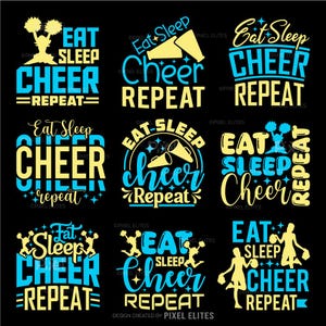 以下が含まれることがあります： 様々なスタイルで「Eat Sleep Cheer Repeat」というテキストが書かれた9つのデザイン。デザインには、メガホンやチアリーダーのシルエットなど、チアリーディングの要素が、黒い背景に黄色と青色で描かれています。
