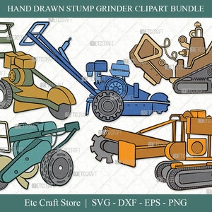 Puede incluir: Un conjunto de cuatro ilustraciones dibujadas a mano de trituradoras de tocones. Las ilustraciones son de estilo de dibujos animados y presentan diferentes tipos de trituradoras, incluyendo una trituradora pequeña de mano, una trituradora más grande con ruedas y una trituradora de orugas. Las ilustraciones son de varios colores, incluyendo azul, amarillo, naranja y verde.