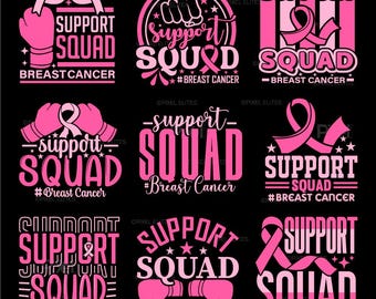 May include: A collection of pink and white graphic designs on a black background. The designs feature the words "Support Squad" and "Breast Cancer" with pink ribbons and boxing gloves. The designs are for breast cancer awareness.