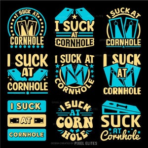 以下が含まれることがあります： コーンホールゲームのTシャツのデザインが9種類あります。デザインは、黄色い背景に黒い文字で「I Suck At Cornhole」と書いてあり、青いコーンホールボードのグラフィックが描かれています。デザインは3x3のグリッドに配置されています。