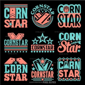 以下が含まれることがあります： コーンホールトーナメントのロゴデザインのバリエーションが9種類あります。ロゴには、「コーンスター」という文字がさまざまなフォントと色で表示され、コーンホールボードと星がデザイン要素として使用されています。