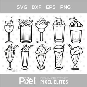 Pode incluir: Ilustração a preto e branco de várias bebidas, incluindo cocktails, batidos e sundae. A imagem inclui o texto "SVG DXF EPS PNG" na parte superior e "DESIGN CREATED BY PIXEL ELITES" na parte inferior.