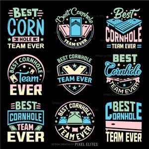 以下が含まれることがあります： コーンホールゲームチームロゴの異なる9つのデザイン。ロゴはピンク、ブルー、グリーン、イエローなど、さまざまな色を使用しています。すべてのロゴには「Best Cornhole Team Ever」というテキストが含まれています。