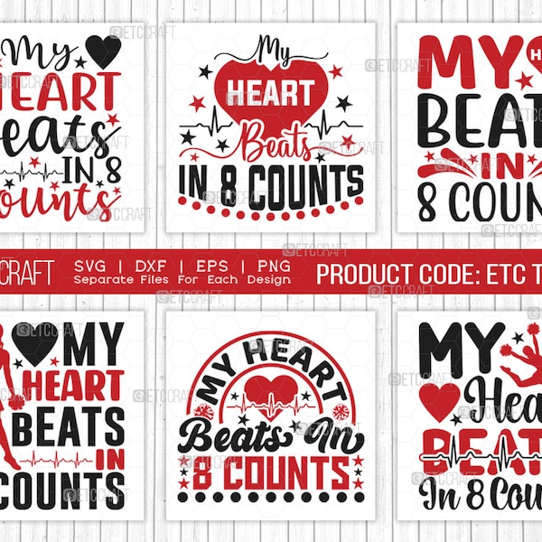 My Heart Beats In 8 Counts SVG T-shirt Design Bundle-Beautiful Cheerleading Cheer Quotes Design