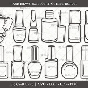 Puede incluir: Una colección de contornos de botellas de esmalte de uñas dibujados a mano en varias formas y tamaños. La imagen presenta varios diseños, incluyendo botellas con pinceles y tapas abiertas. El texto "HAND DRAWN NAIL POLISH OUTLINE BUNDLE" está en la parte superior.