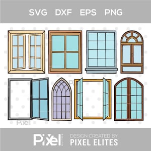 Könnte beinhalten: Eine digitale Sammlung von acht Fensterillustrationen in verschiedenen Stilen, darunter rechteckige, gewölbte und offene Designs mit hellblauen Glasscheiben und braunen oder grauen Rahmen. Der Text SVG, DXF, EPS, PNG und PIXEL ELITES ist sichtbar.