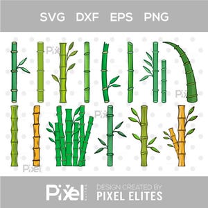 Op de afbeelding: Een digitale collectie bamboe-illustraties met diverse stengels in groen- en geeltinten, sommige met bladeren en takken. De afbeelding bevat de tekst SVG, DXF, EPS, PNG en Pixel Elites aan de boven- en onderkant van de afbeelding.
