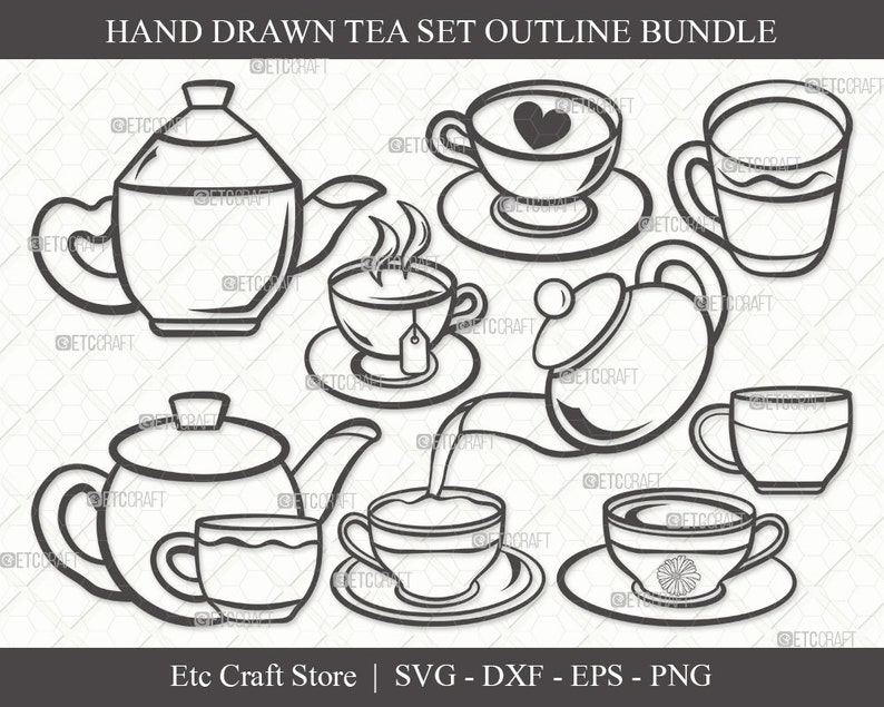 Tea Set Outline SVG Cut File Tea Cup Svg Tea Pot Svg Tea Etsy Australia