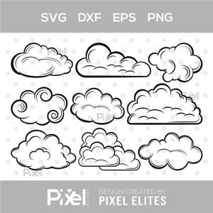 May include: A digital collection of nine distinct cloud illustrations rendered in black outlines on a white background. The set includes various fluffy, cumulus-style cloud shapes with rounded edges and internal line details, presented as a graphic file.