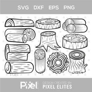 May include: A collection of black and white line art illustrations featuring various wood logs, tree stumps, and cross-sections of timber. The graphic set includes cylindrical logs, circular wood slices with visible rings, and tree stumps with roots.