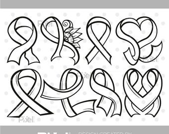 May include: A digital collection of eight black and white awareness ribbon illustrations in various styles, including a ribbon with a flower, a heart-shaped ribbon, and simple loops. The text SVG, DXF, EPS, PNG and Pixel Elites is visible.
