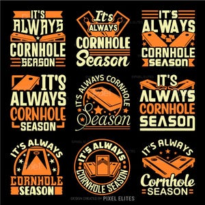 以下が含まれることがあります： コーンホールゲームのグラフィックデザインが9種類あります。デザインには、「It's Always Cornhole Season」というテキストがさまざまなフォントとスタイルで表示されています。一部のデザインには、コーンホールボードの画像が含まれています。