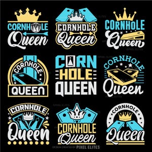 以下が含まれることがあります： コーンホールゲームの異なる9つのデザイン。それぞれに王冠と「コーンホールクイーン」の文字が描かれています。デザインは、黄色、青、白など、さまざまな色で構成されています。