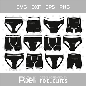 May include: A digital collection of twelve black and white icons representing various styles of underwear, including briefs, trunks, and boxer shorts, arranged in a grid format with the text SVG, DXF, EPS, PNG and PIXEL ELITES visible.