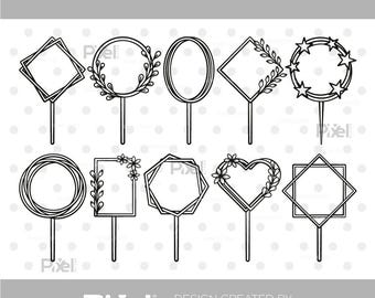May include: A digital collection of ten black and white cake topper designs featuring various geometric shapes, including squares, circles, a heart, and a hexagon, some accented with leaf and star motifs, all displayed on thin vertical stems.