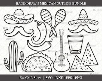 Mexican Outline SVG Cut File | Mexican Svg | Cinco De Mayo Svg | Mexican Hat Svg | Sombrero Svg | Nacho Svg | Bundle