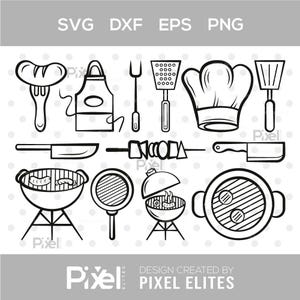 BBQ Outline SVG Cut File | Barbecue Grill & Barbecue Ingredients Design Bundle For Cricut | Dxf Eps Png