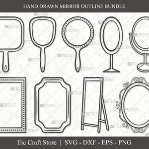 Puede incluir: Un conjunto de diez contornos de espejo dibujados a mano en blanco y negro. Los contornos incluyen una variedad de formas y estilos, incluyendo espejos redondos, ovalados, cuadrados y rectangulares. Los contornos son perfectos para usar en proyectos de manualidades, como scrapbooking, creación de tarjetas y decoración del hogar.