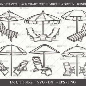 Beach Chairs With Umbrella Outline SVG Cut File | Beach Umbrella Svg | Beach Chair Svg | Summer Svg | Beach Chair Bundle