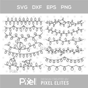 Puede incluir: Arte lineal en blanco y negro de varios diseños de luces de cadena. La imagen incluye el texto "SVG DXF EPS PNG" en la parte superior y "DESIGN CREATED BY PIXEL ELITES" en la parte inferior. Las luces son de diferentes estilos.