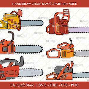 May include: Five hand-drawn illustrations of chain saws in various colors, including orange, yellow, and gray. The chain saws are depicted in a cartoon style with exaggerated features. The illustrations are suitable for use in crafting projects, scrapbooking, and digital design.