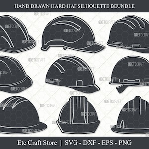 May include: A set of nine black and white hard hat silhouettes. The hard hats are drawn in a hand-drawn style and are perfect for crafting projects.