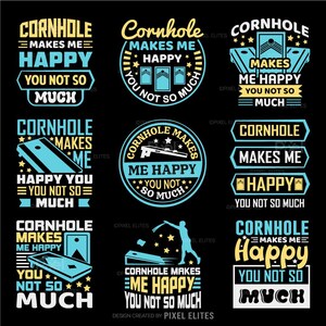 以下が含まれることがあります： コーンホールボードの8種類のデザインセット。各デザインは、白地に青と黄色のコーンホールボードで、「コーンホールは私を幸せにする」または「コーンホールは私を幸せにする、あなたはそれほどでもない」というテキストが書かれています。