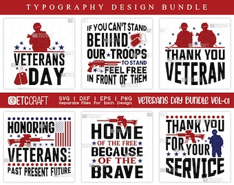 Peut inclure: Un ensemble de designs typographiques numériques comprenant six graphismes patriotiques aux tons rouge, blanc et bleu. Les motifs incluent des silhouettes de soldats, des fusils, des plaques d'identité et des drapeaux américains, avec du texte honorant les vétérans.