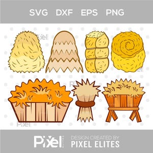 May include: A collection of cartoon illustrations of hay bales and haystacks in various shapes and sizes. The image includes the text "SVG, DXF, EPS, PNG" at the top and "DESIGN CREATED BY PIXEL ELITES" at the bottom.