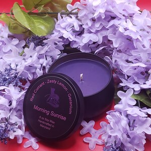 Morning Sunrise Floral Scented Candle  | Red Currant Zesty Lemon Peppermint Geranium  | Handcrafted Soy Candle | 6oz Candle Tin