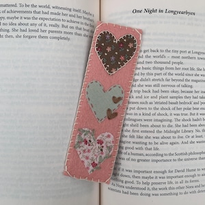 Hand Embroidered Felt Mini Bookmark- Patchwork Hearts