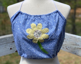 Handgemaakte vintage stoffen haltertop met bloem