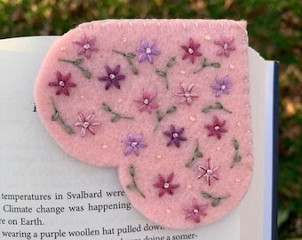 Hand Embroidered Felt Corner Page Heart Bookmark - Pink Floral