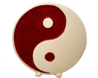 Yin Yang Ceramic Red And White, Yin Yang Plate For Wall, Yin Yang With Tabletop Stand, Symbol Of Balance, Yoga and Meditation, Wall Mandala