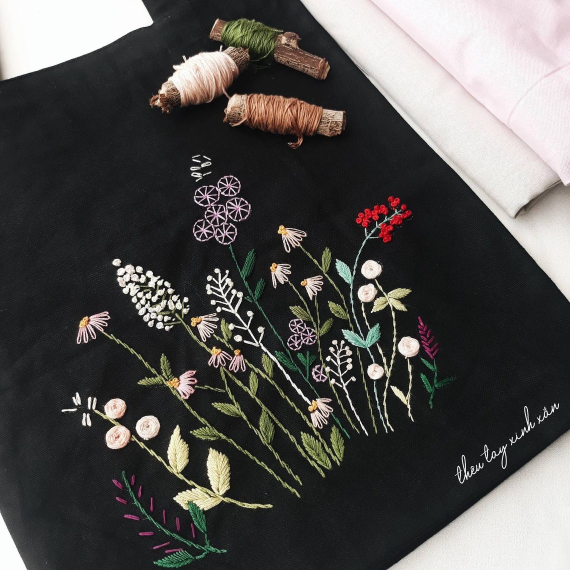 Spring Garden Canvas Tote Bag Hand Embroidery Made in Etsy