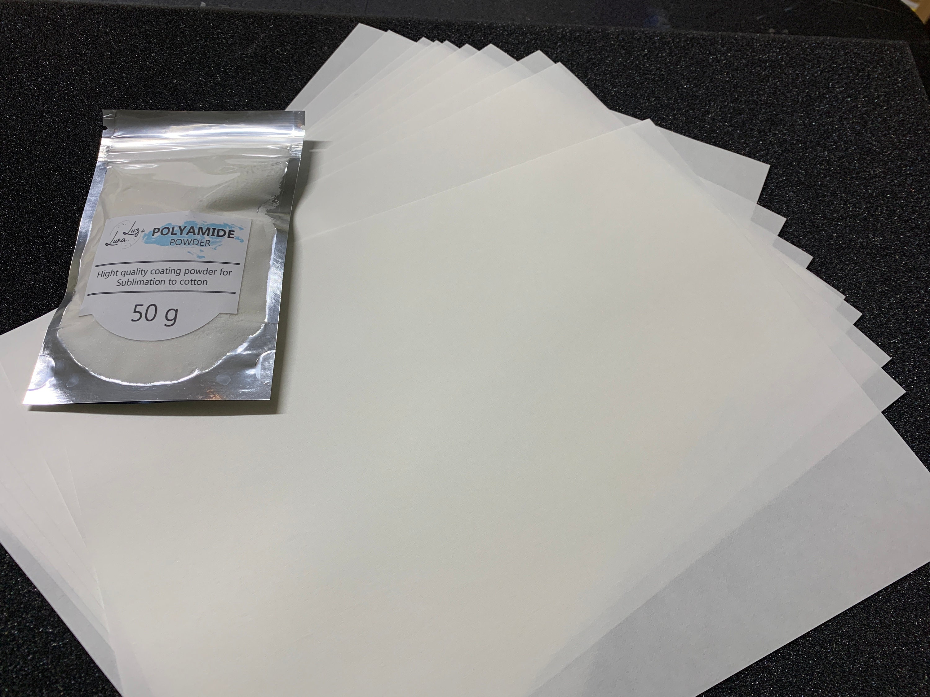 Polyamide Powder Sublimation on Cotton Hot melt, 50g + 10 (A4) sheets of  siliconized paper, for Home Sublimation And Crafts, Trial Pack