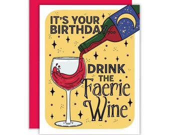 Es tu cumpleaños... Bebe el vino de las hadas. Tarjeta de felicitación, Tarjeta de mejor amiga del libro, Cumpleaños, Fantasía, Hadas, Obsceno, Alas, Romance picante.