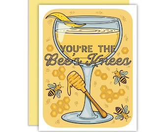 You're the Bee's Knees Cocktail Greeting Card, Recipe Card, Happy Birthday Card, Love, Cheers, Cocktail Art, Bee Card