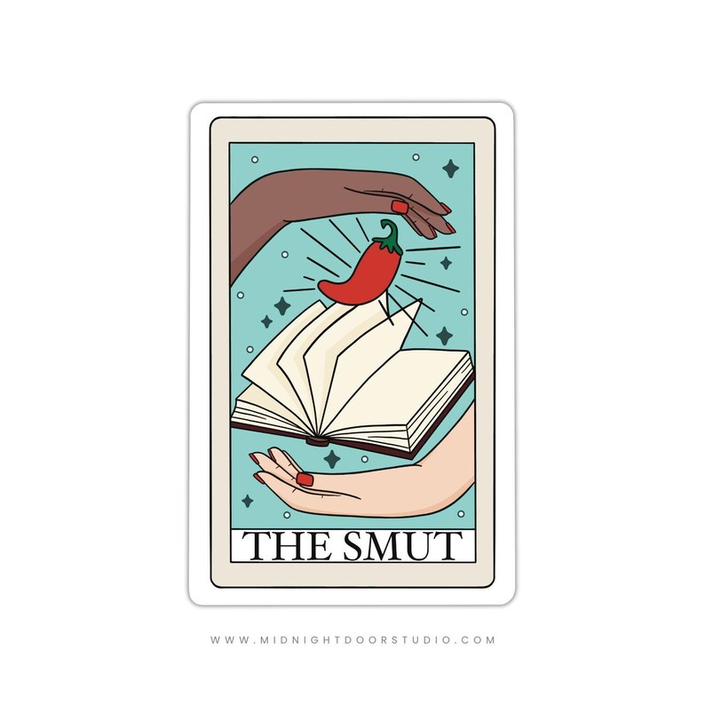 Blue vinyl sticker with a tarot card design featuring the words 'The Smut.' The artwork includes an open book, a chili pepper, and hands surrounding it, ideal for fans of spicy romance and bookish aesthetics.