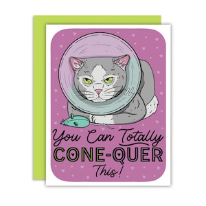 May include: A pink and purple greeting card with a cartoon cat wearing a cone of shame. The cat is looking sad and has a toy mouse in its paw. The text on the card reads "You can totally cone-quer this!"