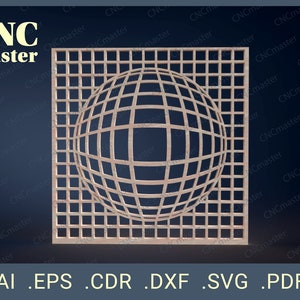 May include: A digital design file for a geometric, square-shaped, decorative panel with a sphere inside. The sphere is made of a grid of lines that create a 3D effect. The design is suitable for laser cutting, CNC routing, or other fabrication methods.