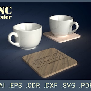 May include: Two white ceramic coffee mugs with handles sitting on square wooden coasters with engraved numbers. The coasters are on a dark blue background.