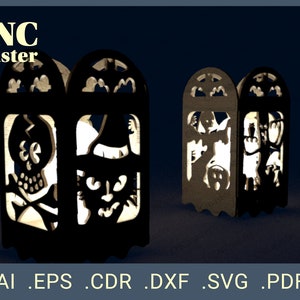 May include: Two black wooden Halloween lantern designs with cutouts of a skull, a witch, a ghost, and a monster. The lanterns are lit from inside, casting a warm glow.